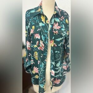 LOFT Dark Green Floral Button-Up Blouse Women’s M Long Sleeve with Front Pocket